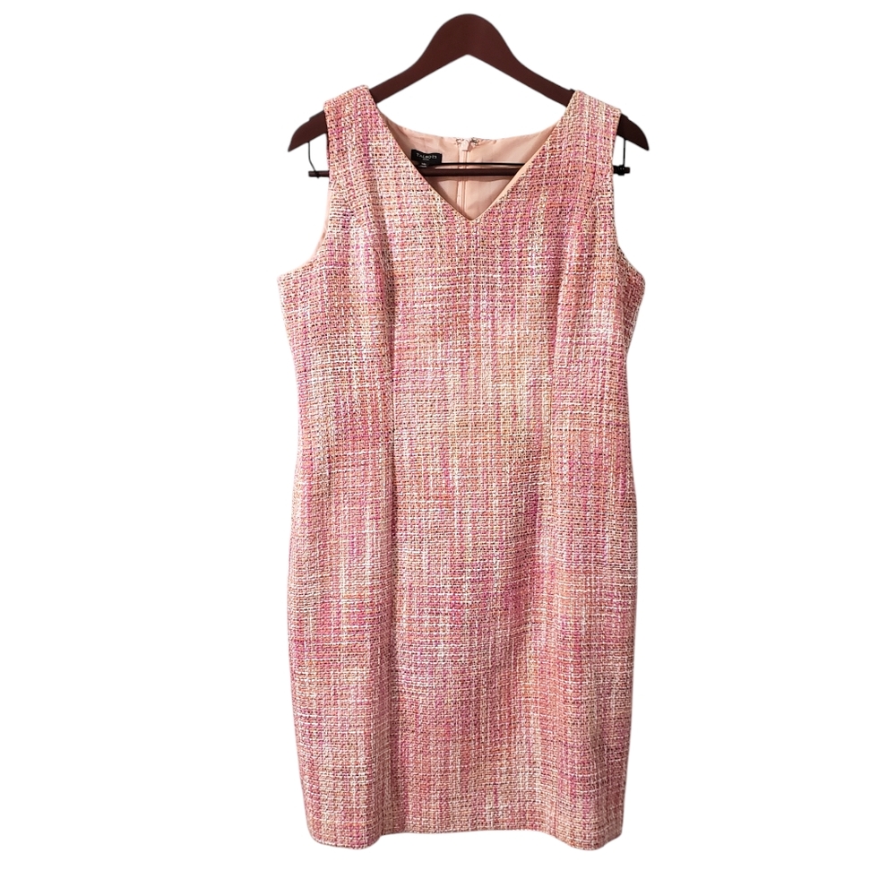 Talbots Petites Pink Tweed Textured Sleeveless Midi Sheath Dress Sz 14P